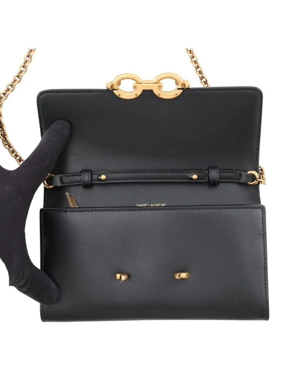 Saint Laurent Paris Chain Shoulder Wallet Maillon Calfskin Black